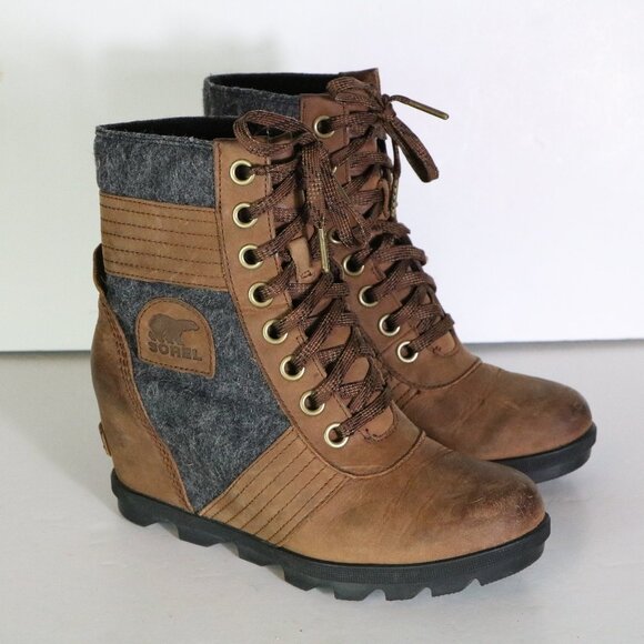 Sorel Shoes - Sorel Lexie Wedge Felt Leather Ankle Boot 8 Brown Gray Lace Up Waterproof Winter
